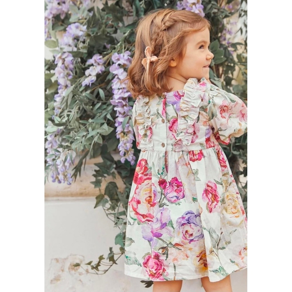 Next Girls Floral Cotton Puff Sleeve Ruffle Dress Pink Purple Rose 6-7 Years